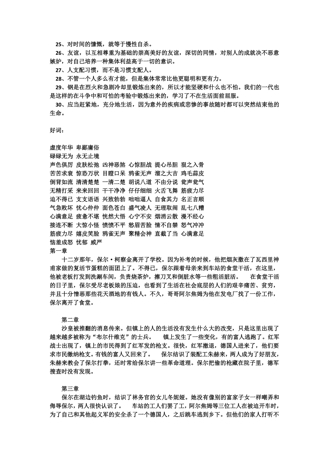 钢铁是怎样炼成的读书笔记(好词-好句-概括-每章评价)